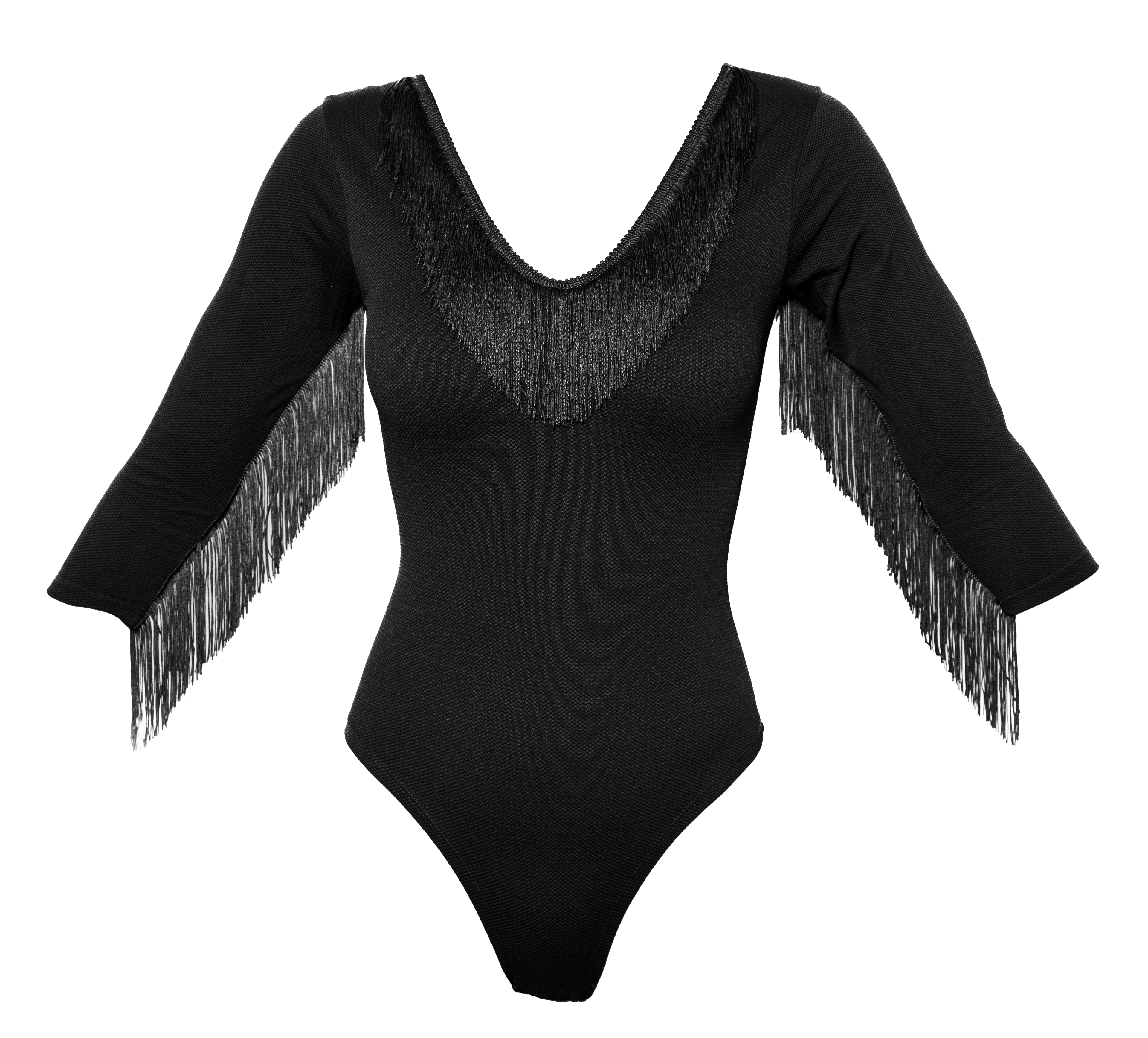 WESTERN. Body Noir à franges. Décolleté en V et manches 3/4.