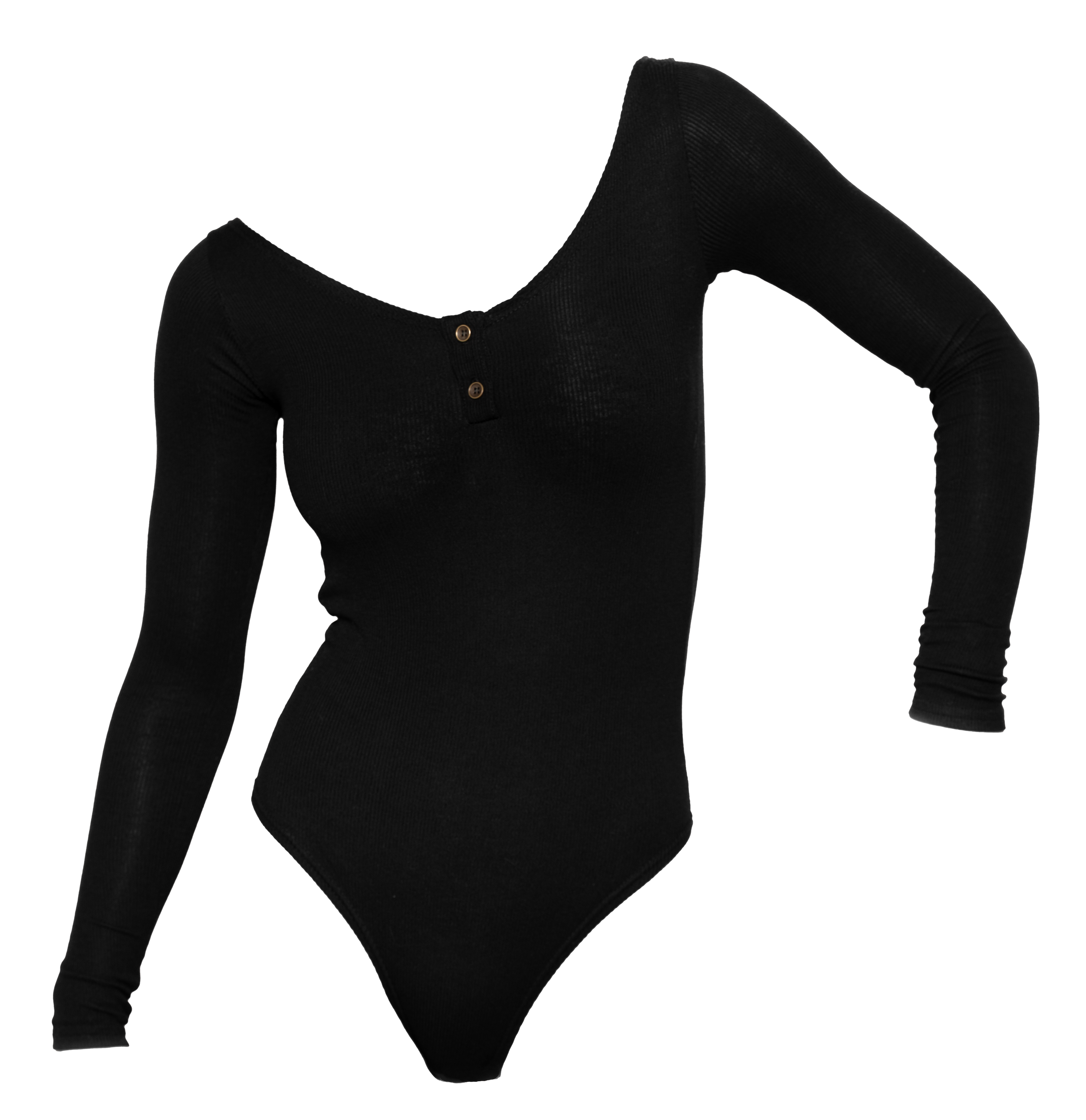 VERSATILE. Body Noir avec dos nu. Côtelé. Manches longues, encolure 2 boutons.