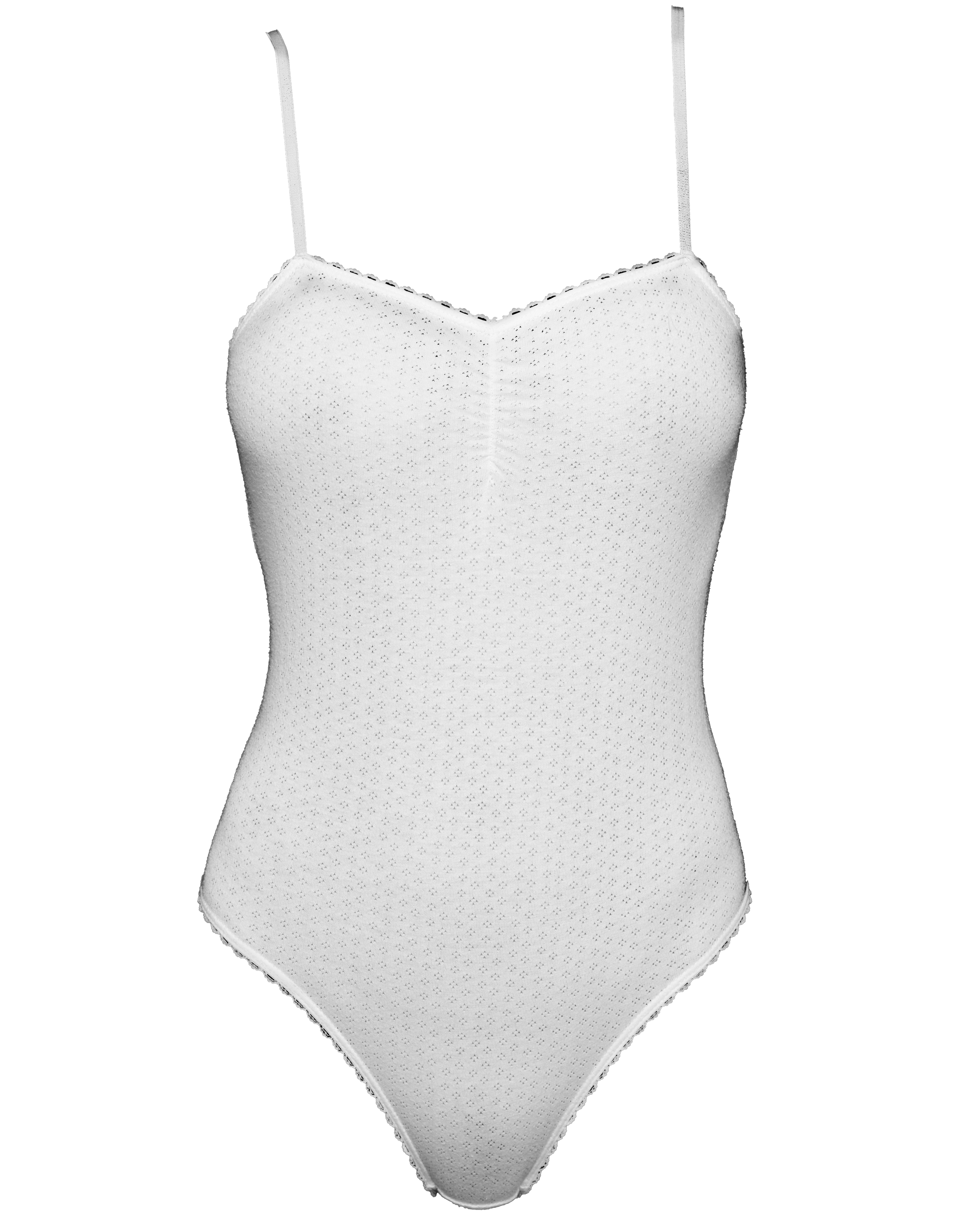 Ecru bodysuit with straps. Gathered chest and buttocks. Pointelle jersey - INGÉNUE