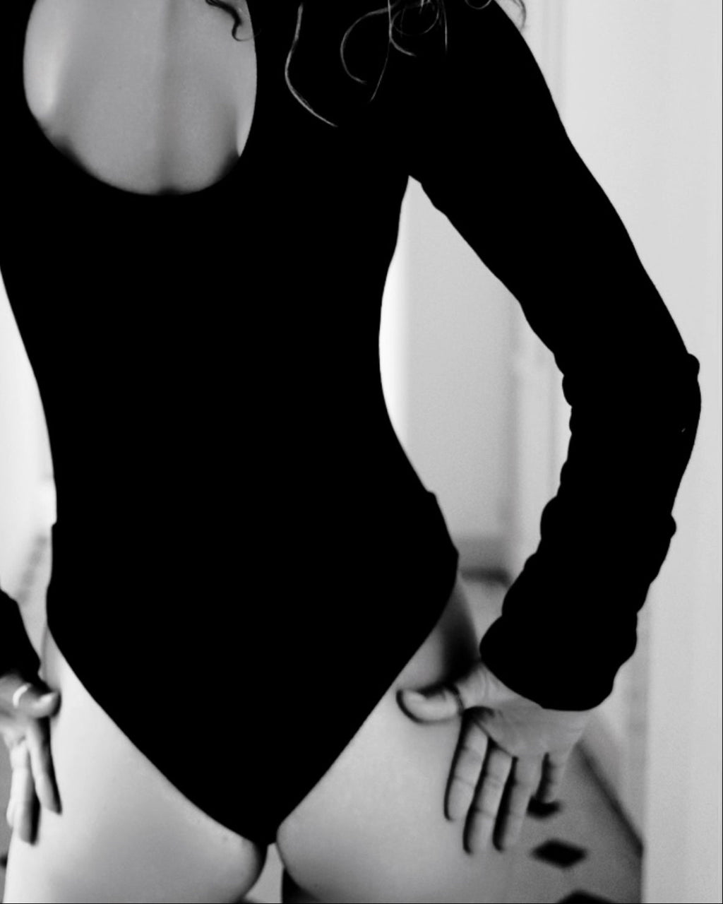 Black turtleneck bodysuit. Ribbed bodysuit. Fleece sleeves and collar - COCOON 