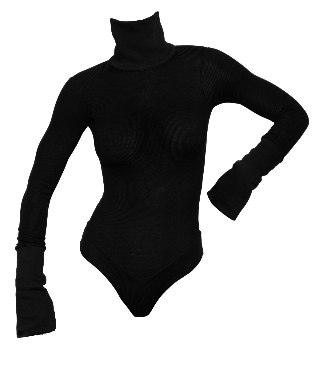 Black turtleneck bodysuit. Ribbed bodysuit. Fleece sleeves and collar - COCOON 