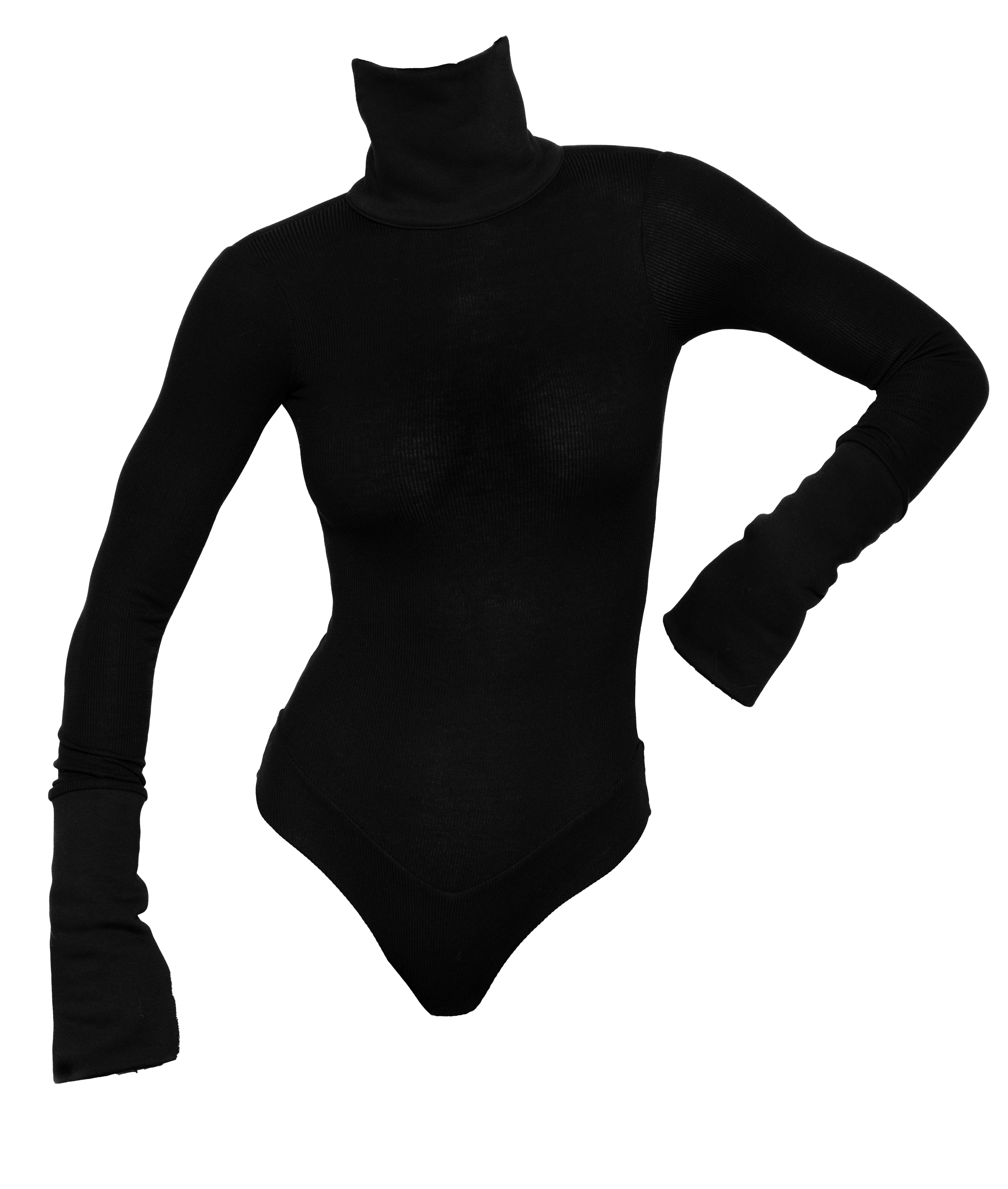 Black turtleneck bodysuit. Ribbed bodysuit. Fleece sleeves and collar - COCOON 