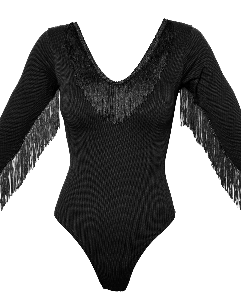 WESTERN. Body Noir à franges. Décolleté en V et manches 3/4.