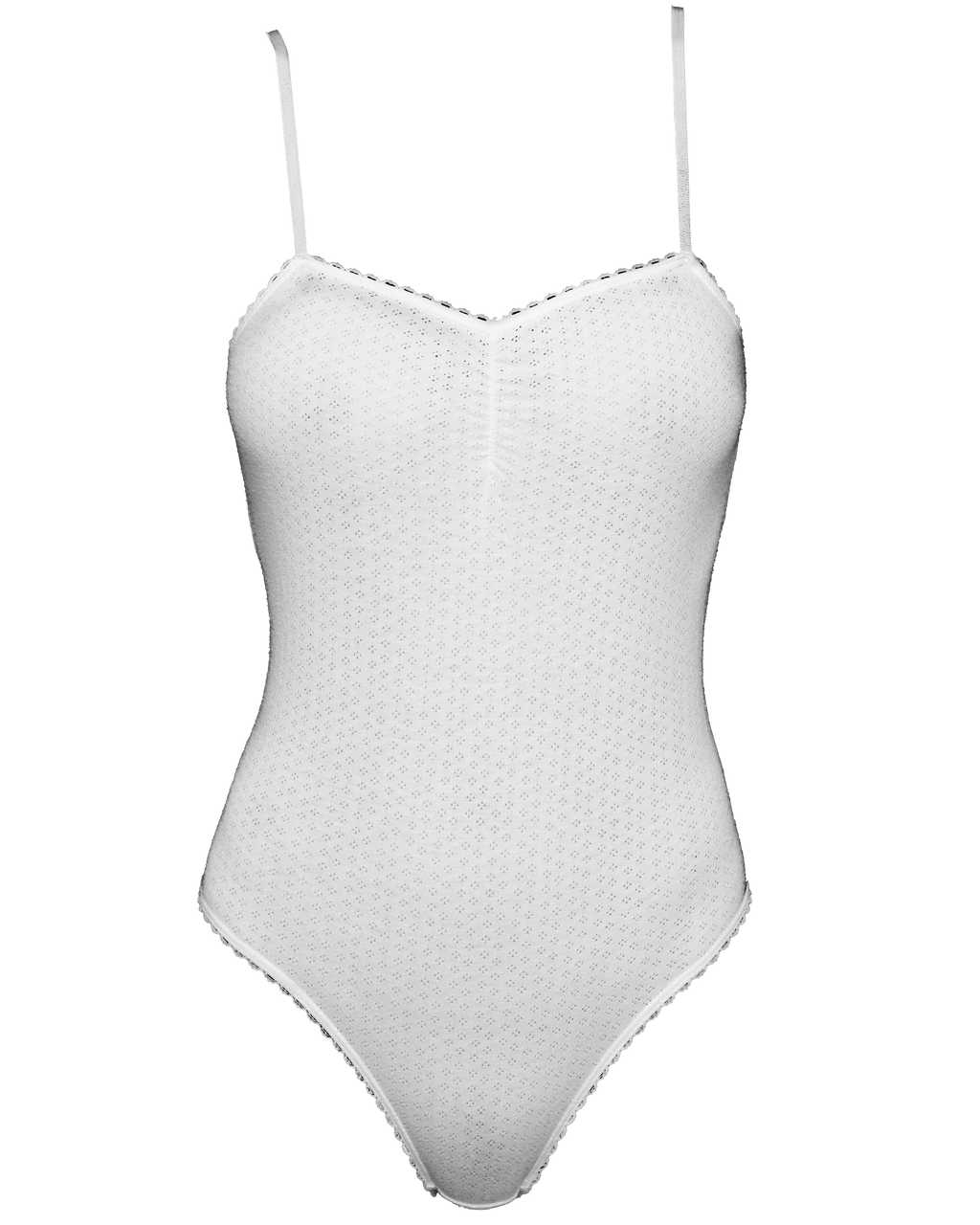 INGÉNUE. Body Écru à bretelles. Fronces poitrine et fesses. Jersey pointelle.